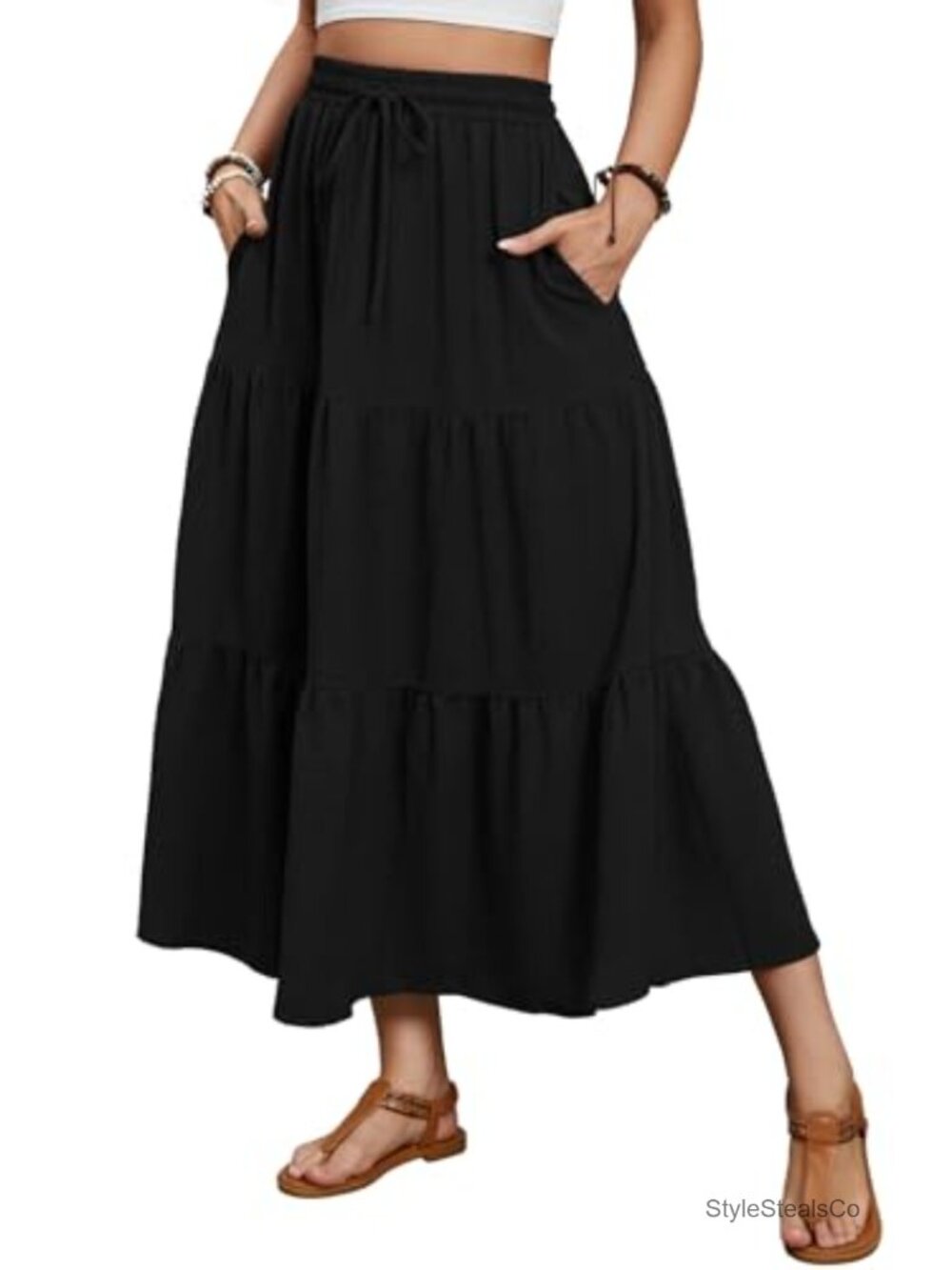 Maxi Skirt Women Summer A-Line Flowy Tiered Ruffle Long Skirt Pockets